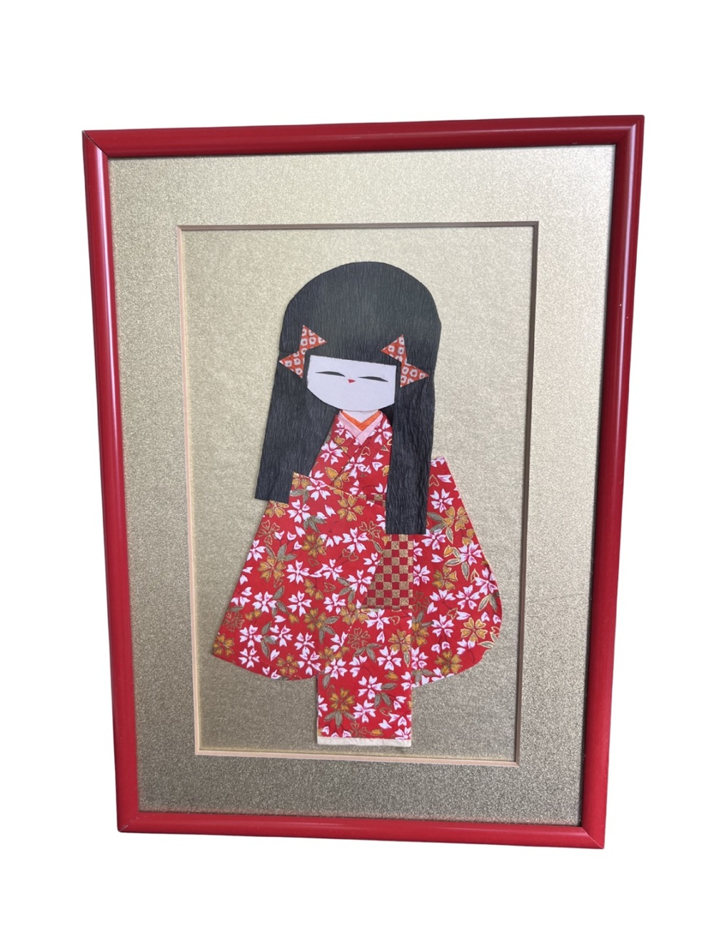 Vintage MCM Japanese Oshie Paper Doll Art • Geisha Red Kimono • Clark Frame